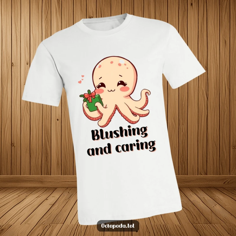 Funny t-shirt featuring a shy octopus blushing and offering a seaweed-wrapped gift, embodying endearing awkwardness.