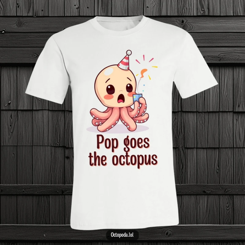 Funny Octopus T-Shirt: A tiny, surprised baby octopus comically reacting to the sudden pop of a party popper.