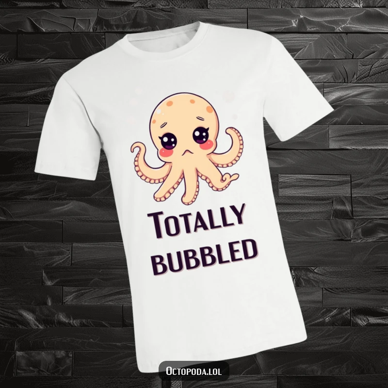 Funny t-shirt with a wide-eyed, surprised octopus floating amidst sea bubbles, capturing a moment of comical astonishment.