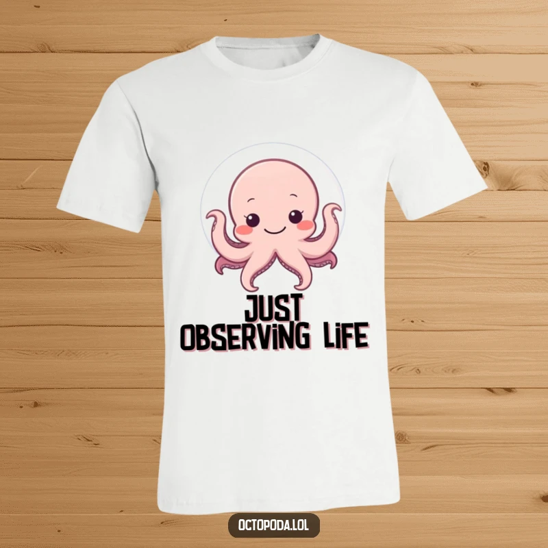 Funny t-shirt with a shy octopus partially hidden behind a large, smiling bubble, conveying a sense of playful timidity.
