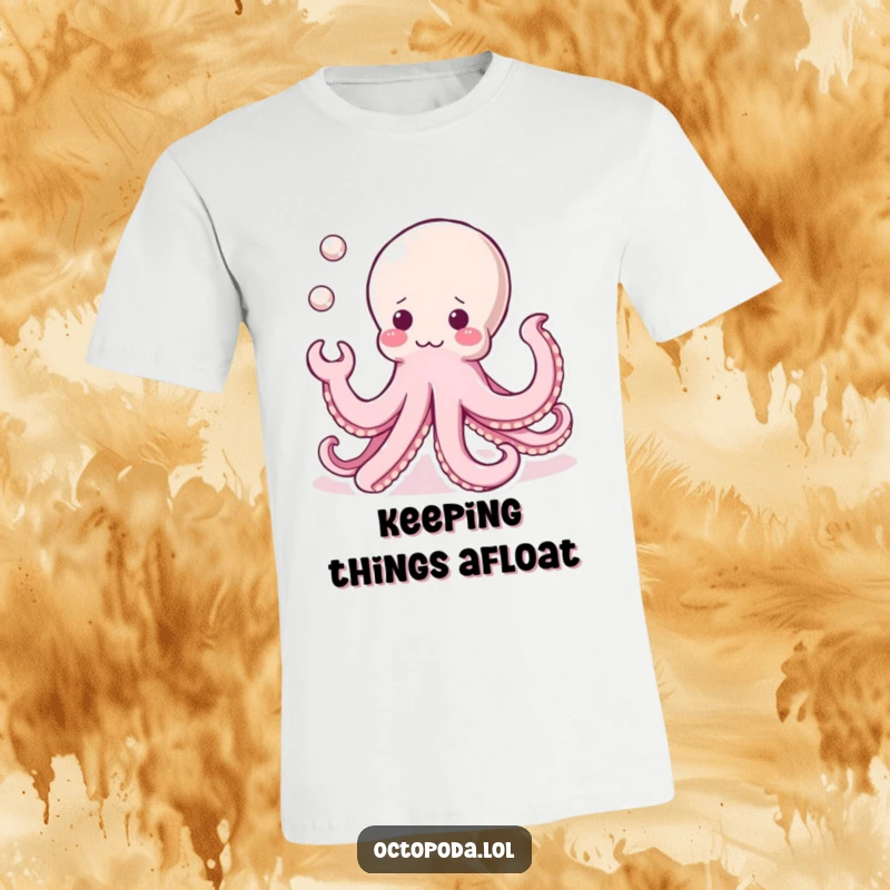 Funny Kawaii Octopus T-Shirt: A small, cute octopus juggling three shiny pearls with its tentacles, radiating adorable skill and charm.