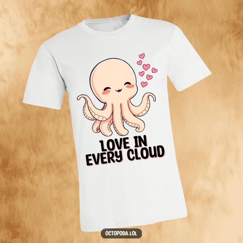 Funny t-shirt depicting a mischievous baby octopus playfully releasing ink clouds shaped like hearts, a symbol of cute mischief.