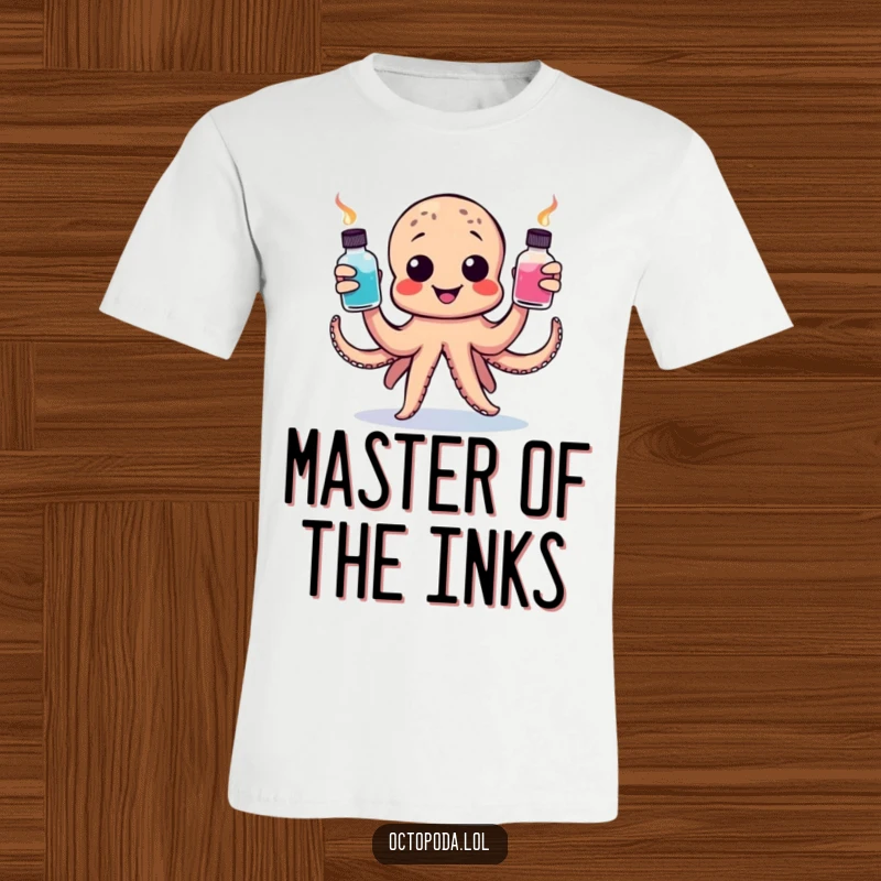 Funny t-shirt with a cheerful octopus juggling colorful ink bottles, perfect for artists and creative individuals who love humor.