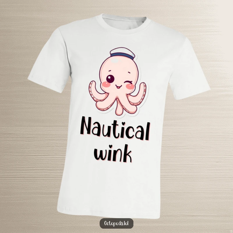 Funny t-shirt with a winking octopus wearing a sailor hat, showcasing playful nautical charisma. A humorous gift.