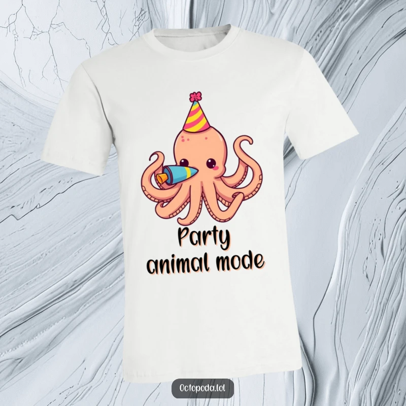 Funny T-Shirt with an octopus sporting a party hat and blowing a vibrant party horn, ready to celebrate.