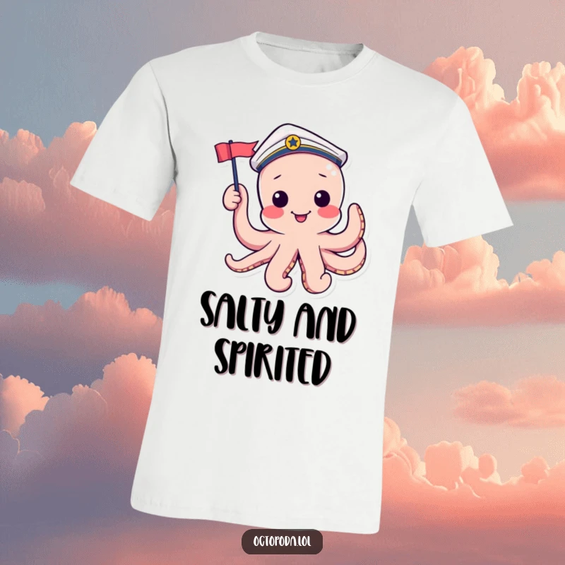 Funny t-shirt with a playful octopus in a sailor hat waving a tiny flag, embodying nautical charm and fun.