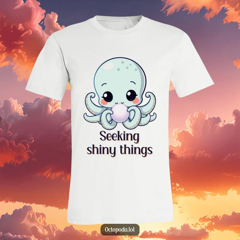 Funny Kawaii Octopus T-Shirt featuring a curious cephalopod with wide eyes, inspecting a lustrous, shimmering pearl with fascination.