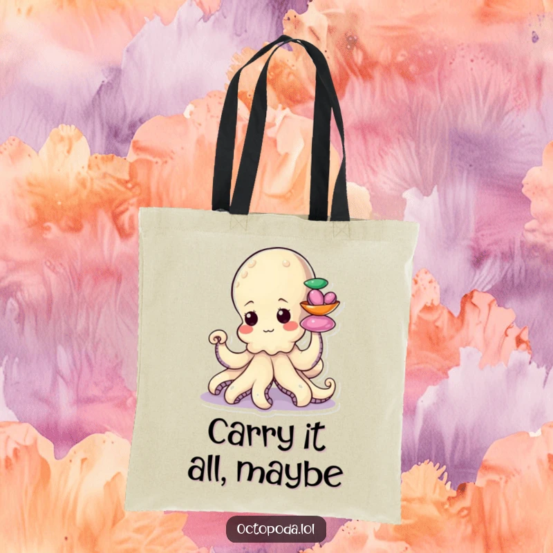 Funny tote bag with a determined little octopus character stacking colorful shiny shells with a tentacle, beachy and practical.