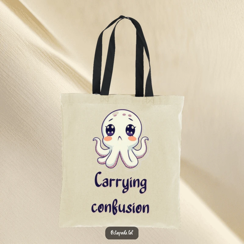 Funny tote bag with a surprised octopus character with wide eyes looking upwards, perfect for humorous daily use. A humorous gift.