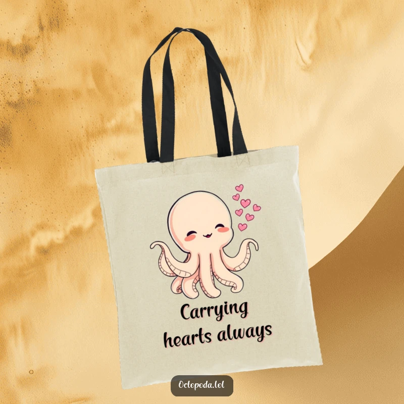 Funny tote bag with a mischievous baby octopus blowing heart-shaped ink clouds, perfect for carrying daily items with charm.