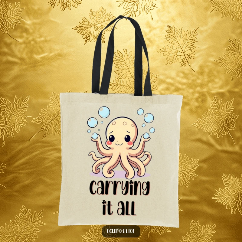Funny Tote Bag with a bubbly octopus masterfully juggling eight tiny bubbles, perfect for carrying daily items with a touch of ocean charm.