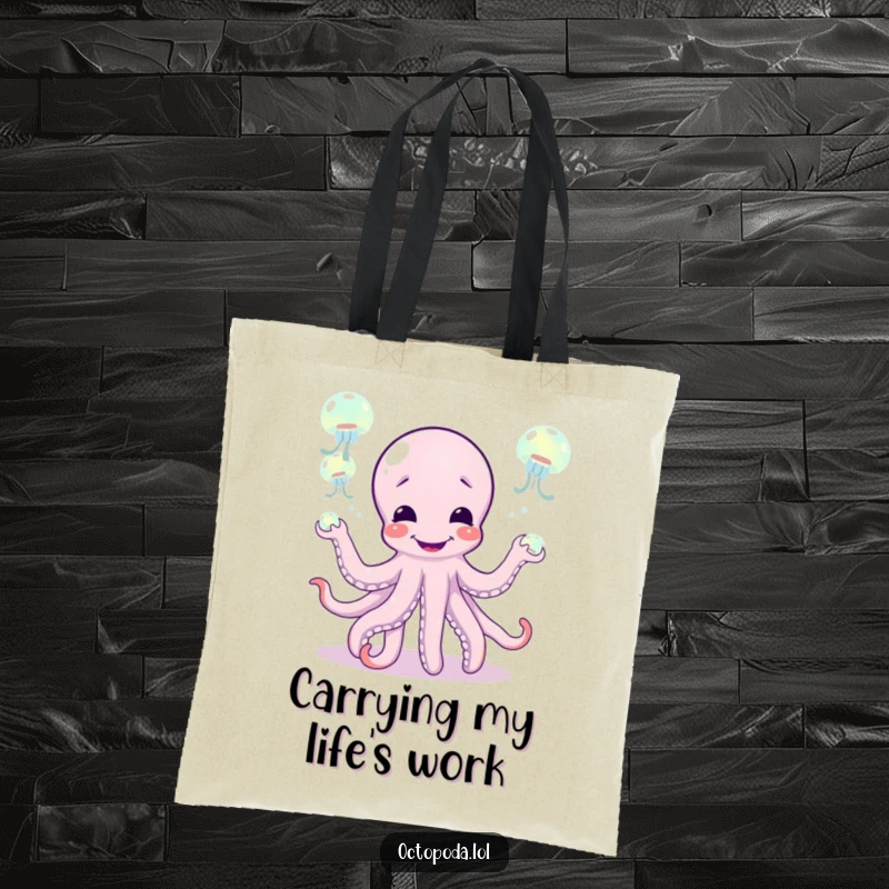 Funny tote bag showcasing a giggling octopus juggling glowing jellyfish, perfect for carrying daily items stylishly and humorously.