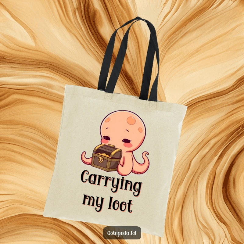 Funny octopus tote bag, a curious cephalopod sniffing a tiny treasure chest, ideal for carrying essentials with a hint of mystery.