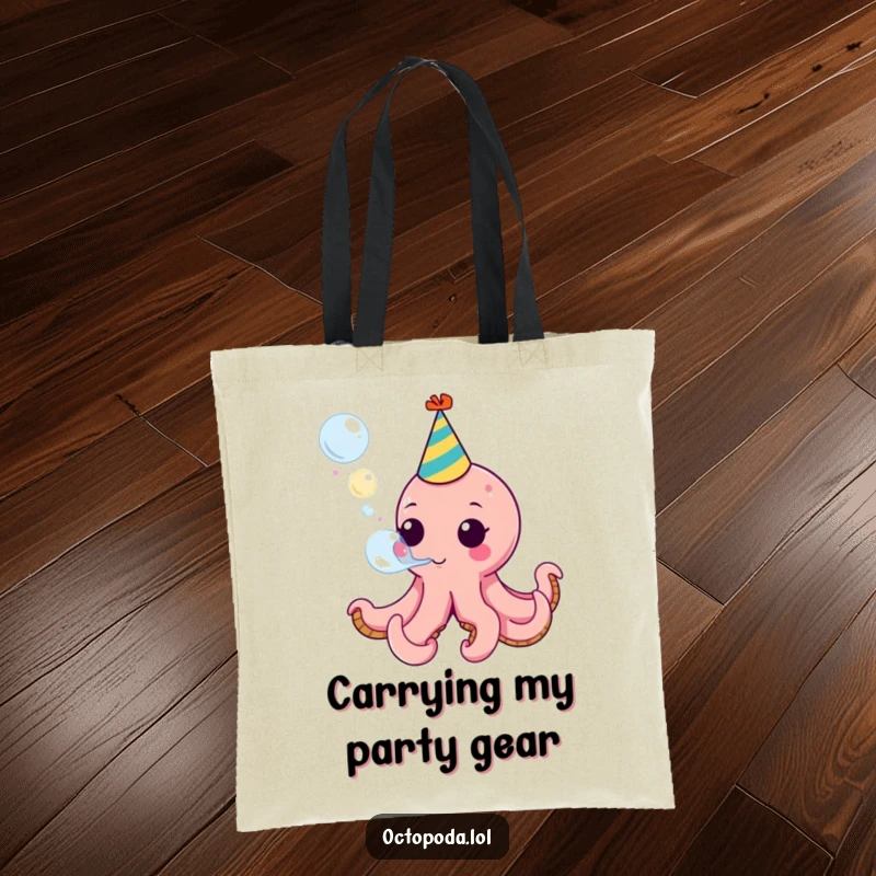 Funny tote bag with a party hat-wearing octopus blowing a bubble, great for shopping or carrying party supplies with flair.