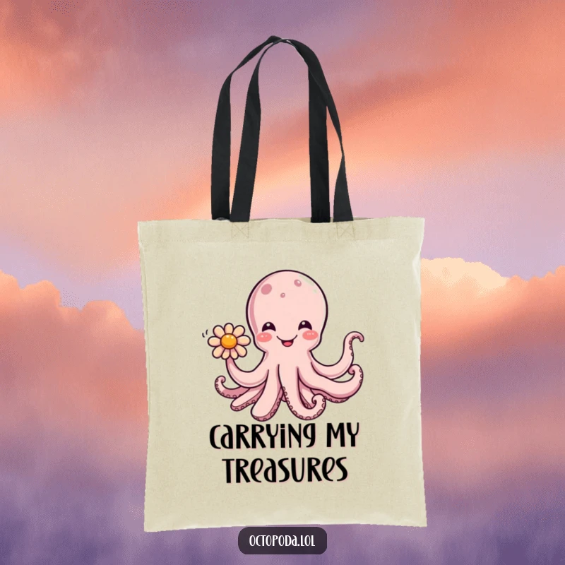 Funny tote bag featuring a smiling octopus holding a flower with a tentacle, ideal for carrying essentials with flair.