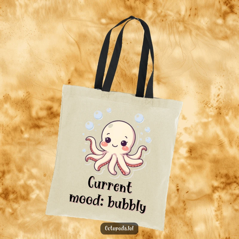 Funny octopus tote bag featuring a small, happy octopus swimming in a bubbly circle, symbolizing playful organization.