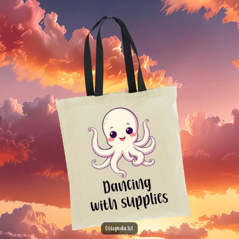Funny Tote Bag with a smiling octopus, googly eyes, and dancing tentacles, perfect for cheerful shoppers.