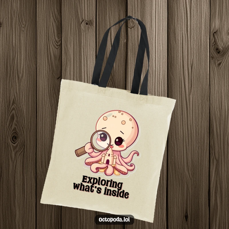 Funny tote bag showing a baby octopus examining a sandcastle through a magnifying glass, perfect for everyday exploration.