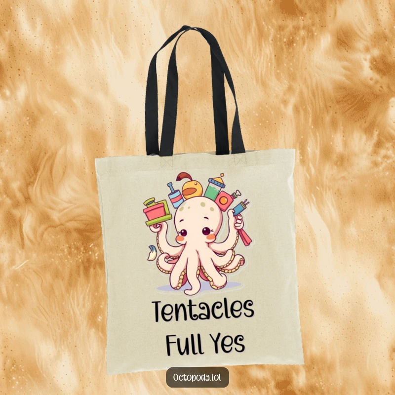 Funny determined octopus tote bag, showing an octopus struggling to balance many items, ideal for carrying daily necessities.