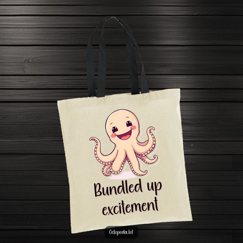 Funny tote bag with a cartwheeling octopus sporting a wide, joyful grin, perfect for carrying items with enthusiasm.