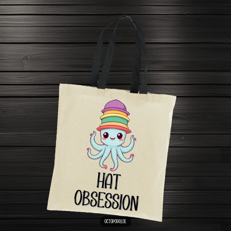 Funny Tote Bag with a cheerful octopus character balancing seven colorful hats, a stylish accessory.