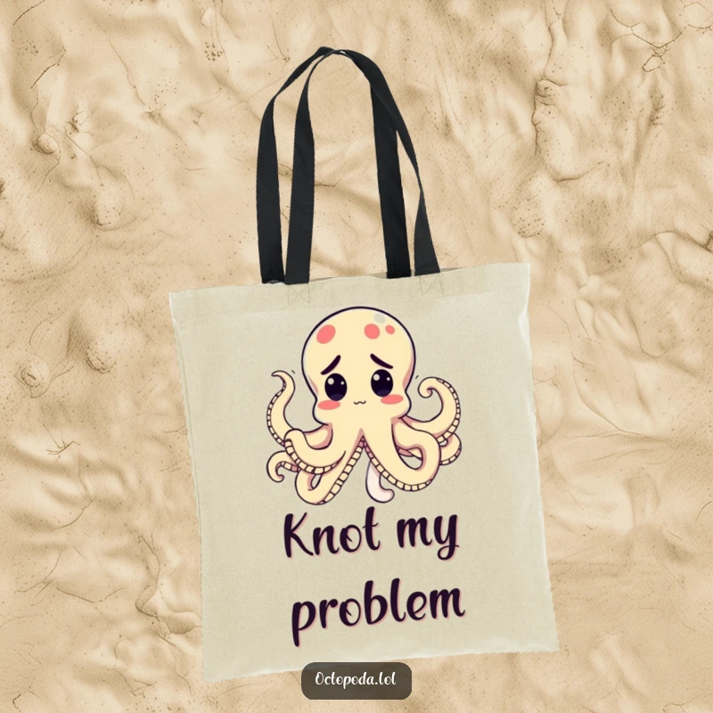 Funny Kawaii Octopus Tote Bag featuring a perplexed cephalopod with tentacles tied in a funny knot, a stylish and humorous accessory.