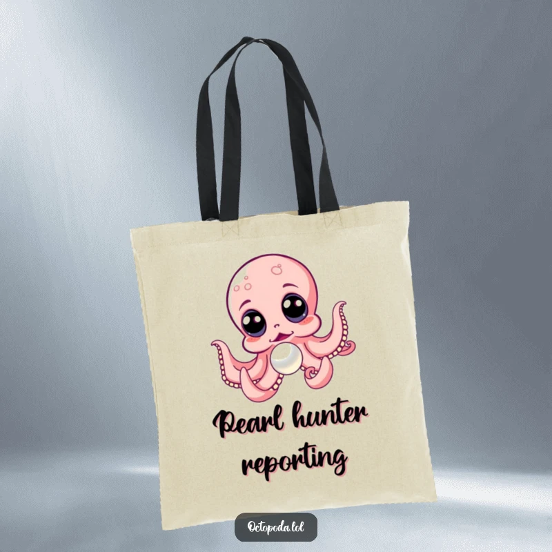 Funny tote bag showcasing an excited octopus with huge eyes on a thrilling chase for a precious, shiny pearl.