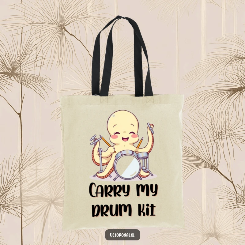 Funny tote bag featuring a giggling octopus drummer, its tentacles skillfully playing a miniature drum set, ready to carry your essentials with rhythm.