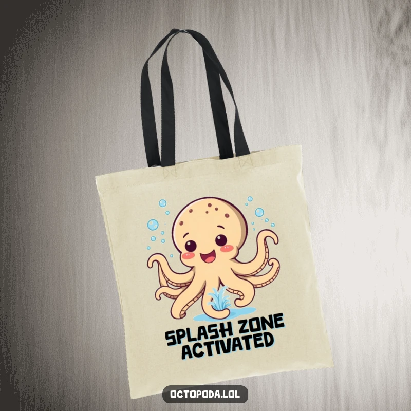Funny Tote Bag: A happy octopus sprays water like a playful fountain, ready for any adventure.