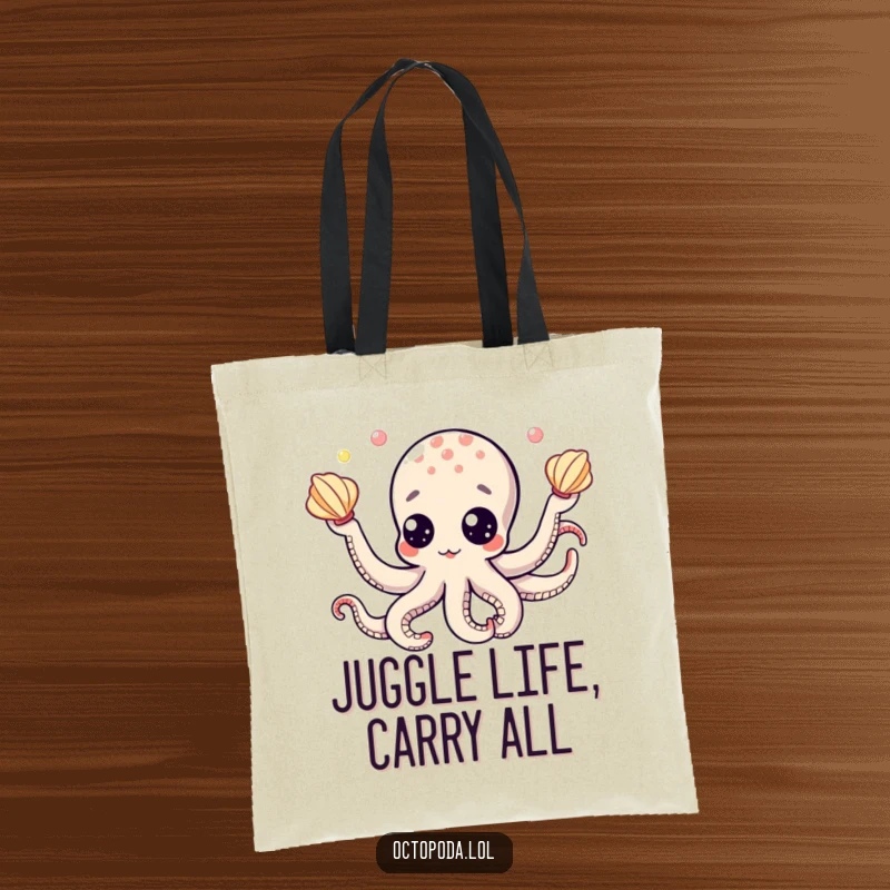 Funny tote bag depicting a cute octopus with exaggerated googly eyes, juggling an assortment of seashells with flair.