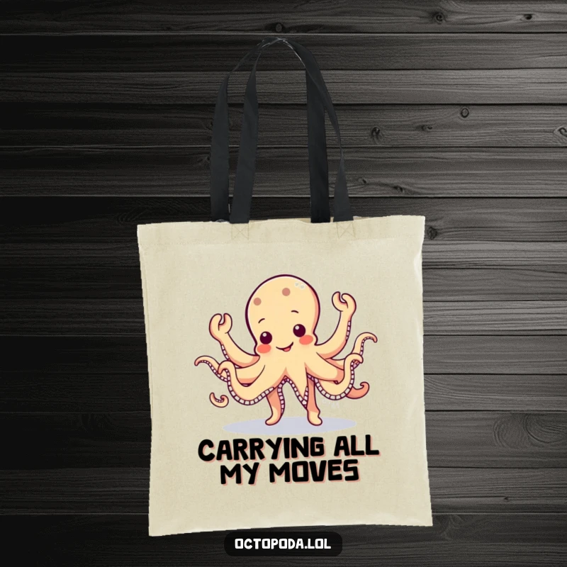 Funny Octopus Tote Bag: A wobbly, cute octopus character enthusiastically doing a silly jig with eight waving arms.