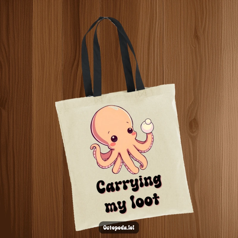 Funny tote bag with a curious octopus reaching for a shiny pearl, great for carrying treasures or daily essentials.