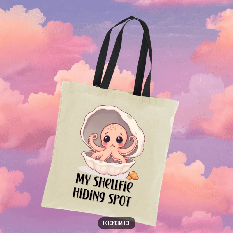 Funny Tote Bag: A surprised octopus peeking out from a large seashell, ready for adventures.