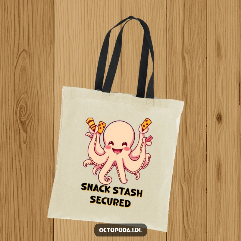 Funny tote bag depicting a cheerful octopus with a grin, using its many limbs to grab scrumptious snacks.