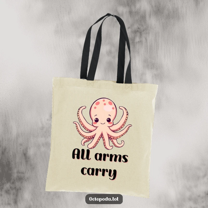 Funny octopus tote bag, a joyful cephalopod unfurling many arms, practical for carrying items with a celebratory flair.