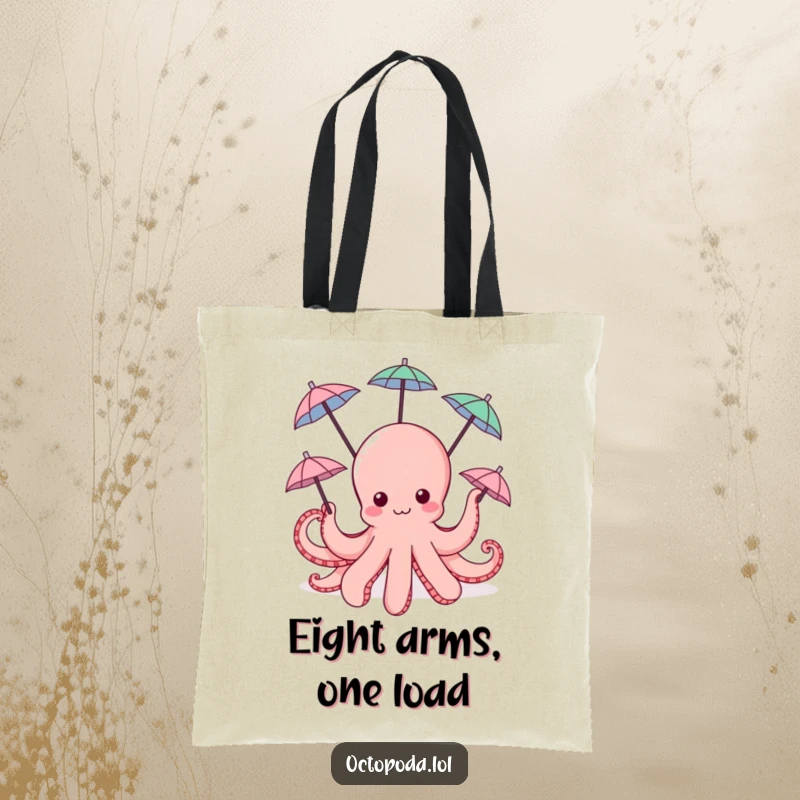 Funny Octopus Tote Bag: a cute octopus spinning multiple tiny umbrellas with its tentacles, for stylish carrying.
