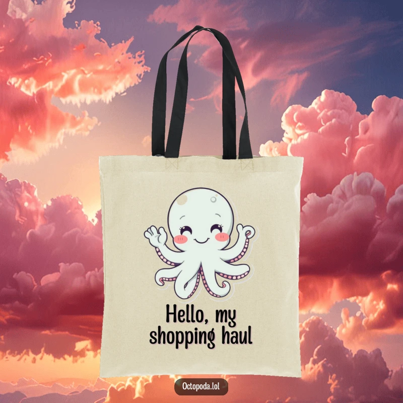 Funny tote bag featuring a happy octopus character with many tentacles waving a cheerful hello, designed for friendly use.