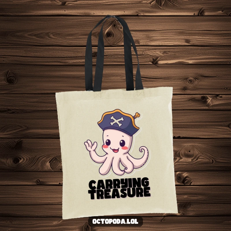 Funny pirate octopus tote bag: a playful octopus in a pirate hat waves goodbye with a tentacle, perfect for carrying essentials with sea flair.