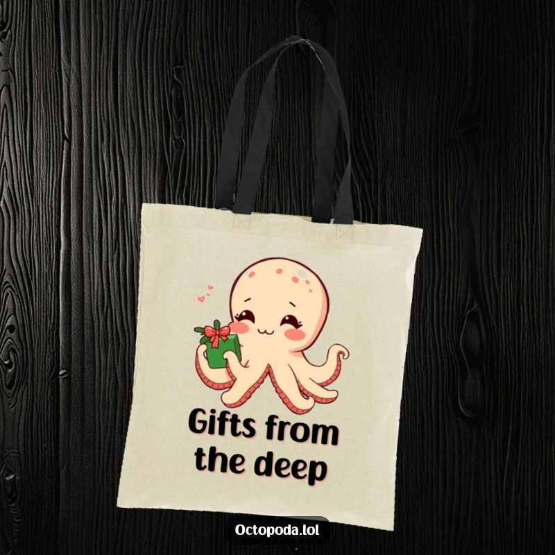 Funny tote bag featuring a shy blushing octopus offering a small gift wrapped in seaweed, perfect for carrying thoughtful presents.