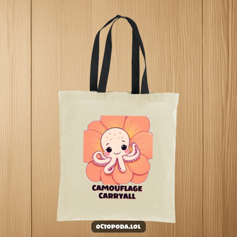Funny Shy Octopus Tote Bag: A cute tote bag with a shy octopus peeking from behind a flower, great for carrying essentials with a smile.