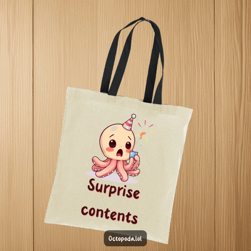 Funny Octopus Tote Bag: A baby octopus character comically surprised by a popping party popper, ready for errands.