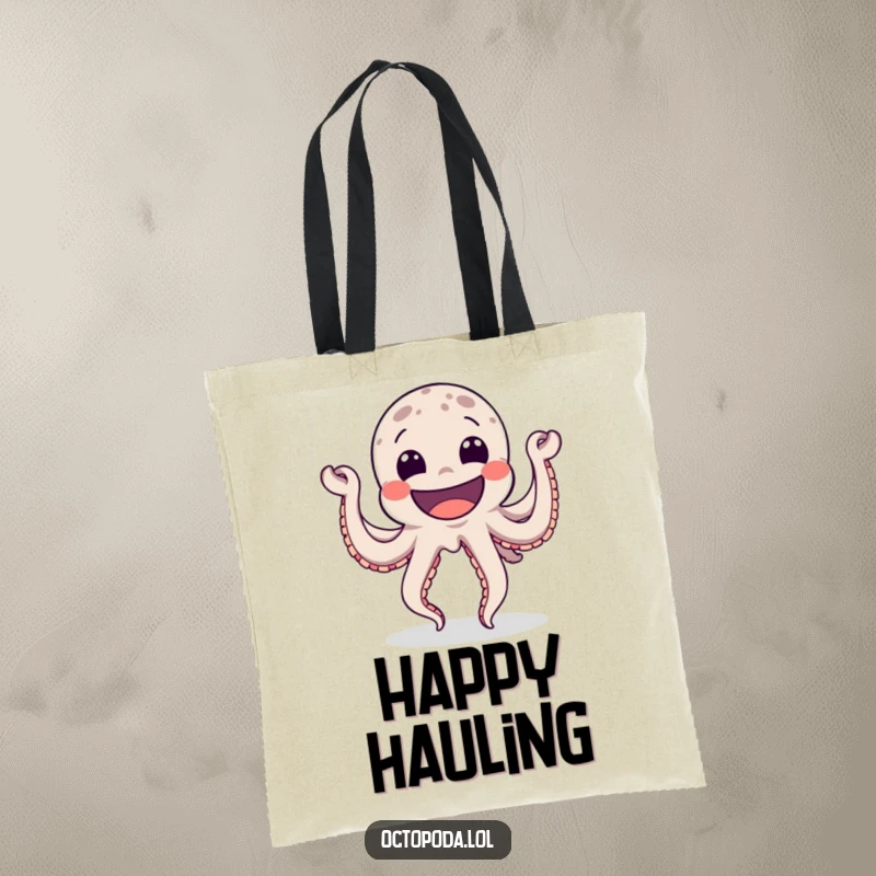 Funny Tote Bag with a jubilant octopus dancing with a wide grin, perfect for carrying items while spreading cheerful, oceanic vibes.