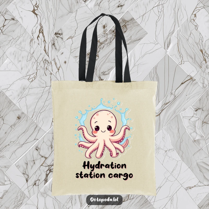 Funny octopus tote bag, a delighted cephalopod exuberantly splashing water, perfect for errands and beach trips, a humorous accessory.