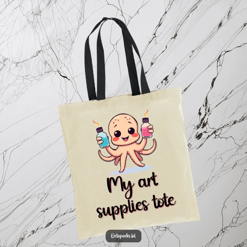 Funny tote bag with a happy octopus juggling colorful ink bottles, great for carrying art supplies or daily essentials.