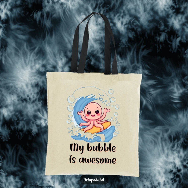 Funny tote bag: a gleeful octopus surfing an enormous wave of iridescent bubbles, perfect for carrying beach gear or daily essentials.