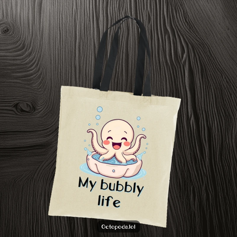 Funny Octopus Tote Bag: An excited little octopus gleefully splashing water in a miniature bubbly pool, ready for errands.
