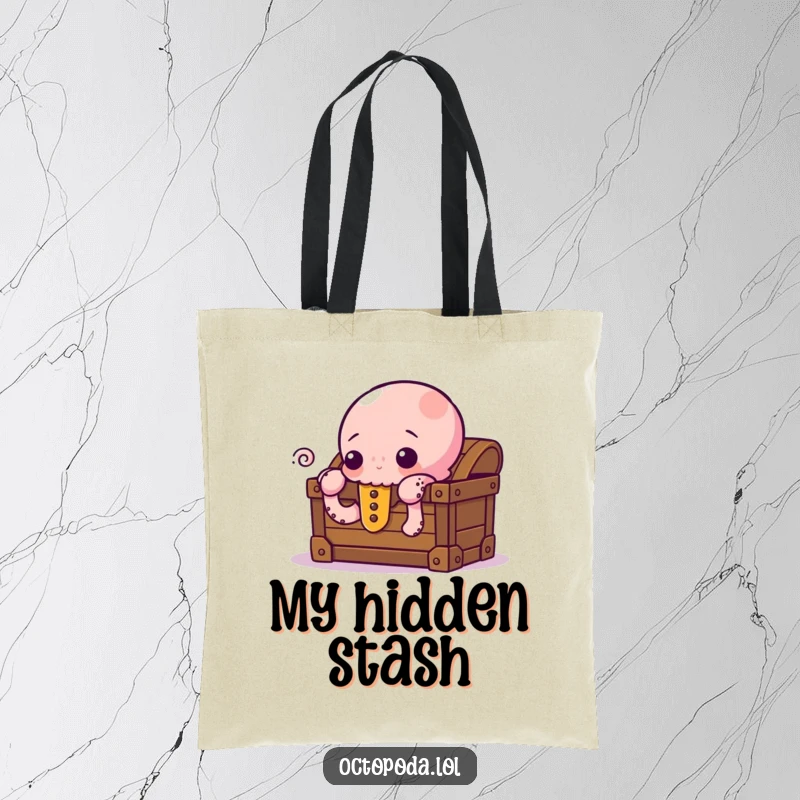 Funny Tote Bag with a curious octopus peeking from behind a treasure chest, perfect for carrying items with a sense of adventure.
