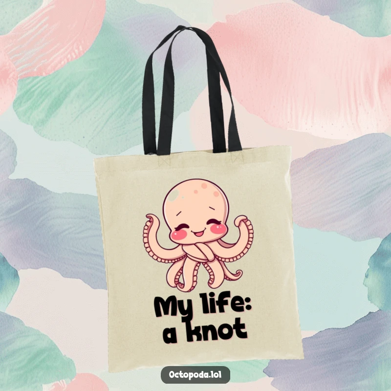 Funny Tote Bag: A giggling octopus tied in a playful knot, showcasing its happy, wiggling energy.