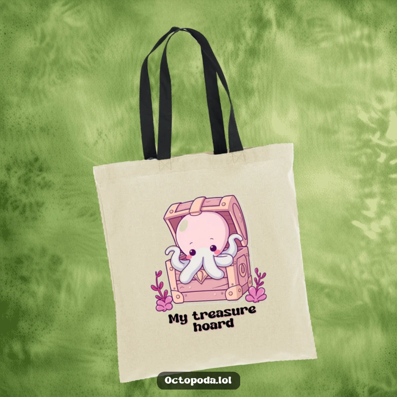 Funny Chubby Octopus Tote Bag: A chubby octopus peeking from a bubbly treasure chest, perfect for carrying essentials with a hint of mystery.