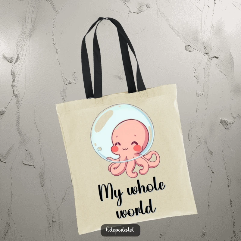 Funny Octopus Tote Bag featuring a bashful, blushing octopus character comically hiding behind a large bubble, ideal for cute and humorous carrying.